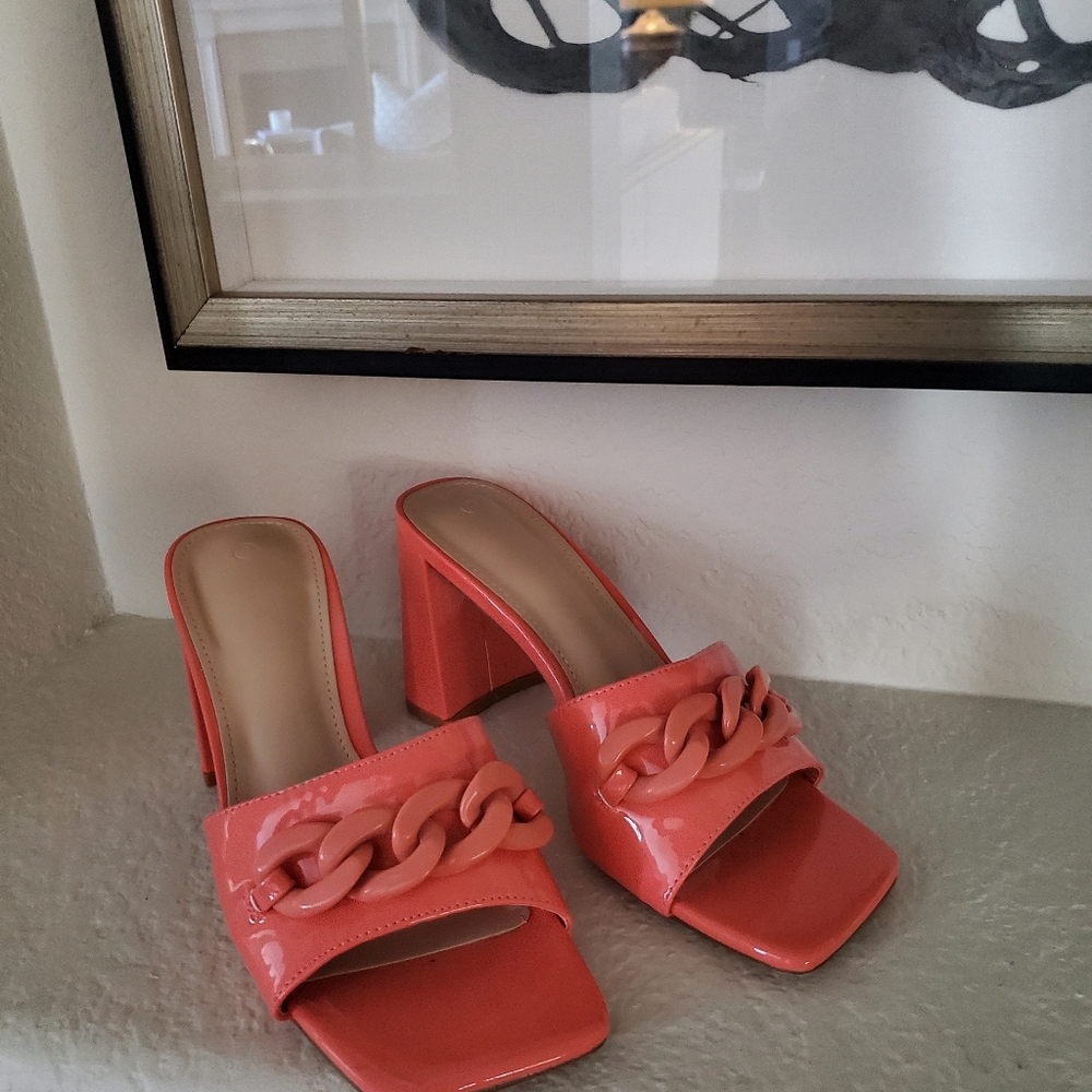 Patent Look Slides Sandals Block Heel